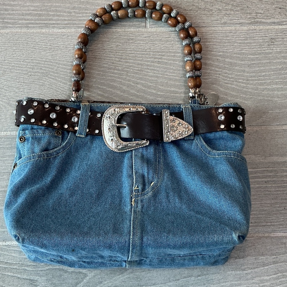 Denim and Brown Beaded Jean Handle HandBag